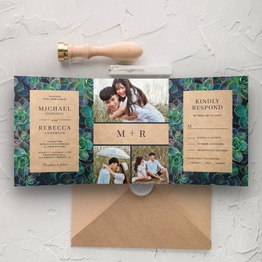 Invitation Trois Volets Rustic Kraft Succulents Photo Collage Mariage