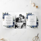 Invitation Trois Volets Rustic Navy Blue Floral Photo Collage Mariage (Intérieur)