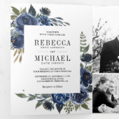 Invitation Trois Volets Rustic Navy Blue Floral Photo Collage Mariage (Intérieur en premier)