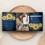 Invitation Trois Volets Rustic Navy Blue Wood Sunflowers Photo Mariage<br><div class="desc">Éblouissez vos invités avec cette élégante invitation de mariage tout en un avec de beaux bouquets de tournesols avec typographie moderne. Ajoutez simplement les détails de votre événement sur ce modèle facile à utiliser et ornez cette carte avec vos photos préférées pour en faire une invitation unique.</div>