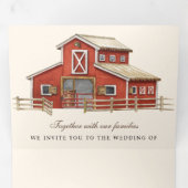Invitation Trois Volets Rustic Red Grange Country Farm QR Code Mariage (Intérieur en premier)
