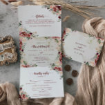 Invitation Trois Volets Rustic Summer Floral Mariage de<br><div class="desc">Ce mariage à fleurs d'été rustique et triplé est parfait pour un mariage moderne. Le design est composé de fleurs d'aquarelle bordeaux,  roses et rousses avec des feuilles verts dans un arrière - plan verni brun.</div>