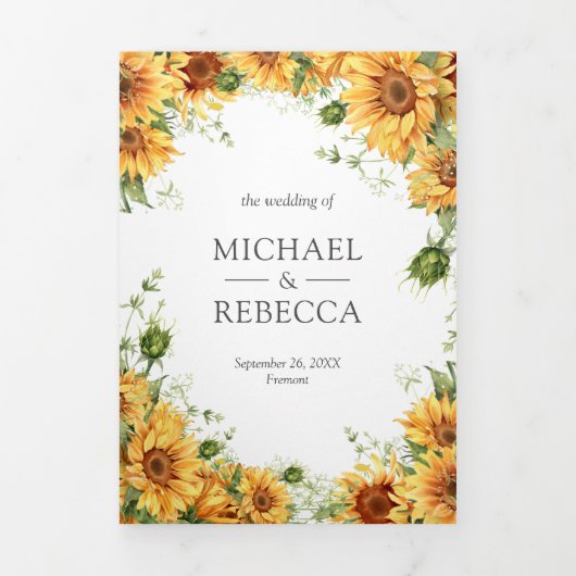 Invitation Trois Volets Rustic Sunflower Photo Collage QR Code Mariage (Page de couverture)