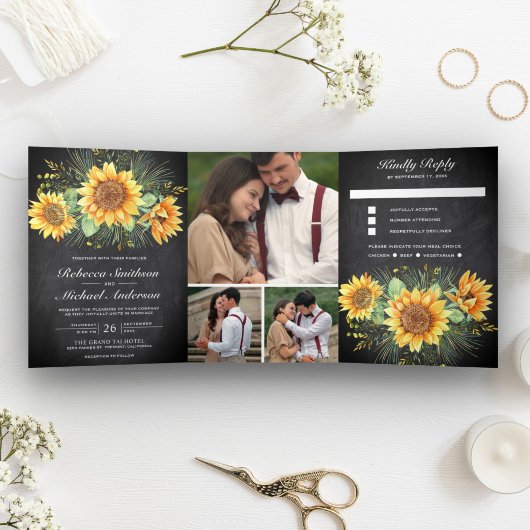 Invitation Trois Volets Rustic Sunflowers Chalkboard Photo Collage Mariage