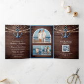 Invitation Trois Volets Rustic Wood Ancre bleu QR Code Mariage (Intérieur)