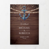 Invitation Trois Volets Rustic Wood Ancre bleu QR Code Mariage (Page de couverture)