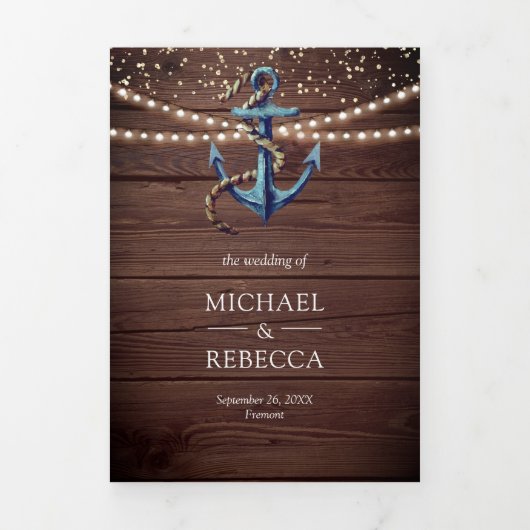 Invitation Trois Volets Rustic Wood Ancre bleu QR Code Mariage (Page de couverture)