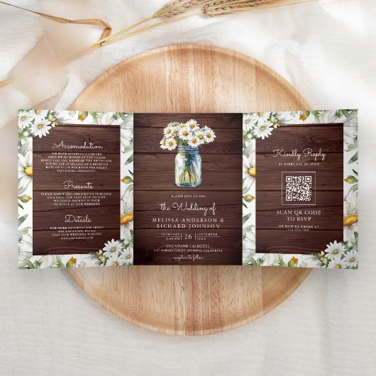 Invitation Trois Volets Rustic Wood Daisies Mason Jar QR Code Wedding