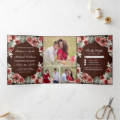 Invitation Trois Volets Rustic Wood Marsala Floral Photo Collage Mariage (Intérieur)