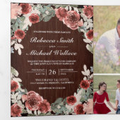 Invitation Trois Volets Rustic Wood Marsala Floral Photo Collage Mariage (Intérieur en premier)