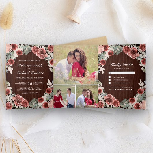 Invitation Trois Volets Rustic Wood Marsala Floral Photo Collage Mariage