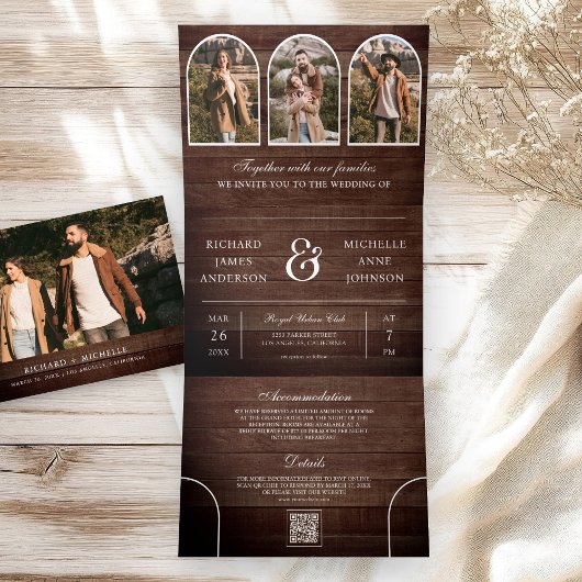 Invitation Trois Volets Rustic Wood Minimal Arch Photo QR code Wedding