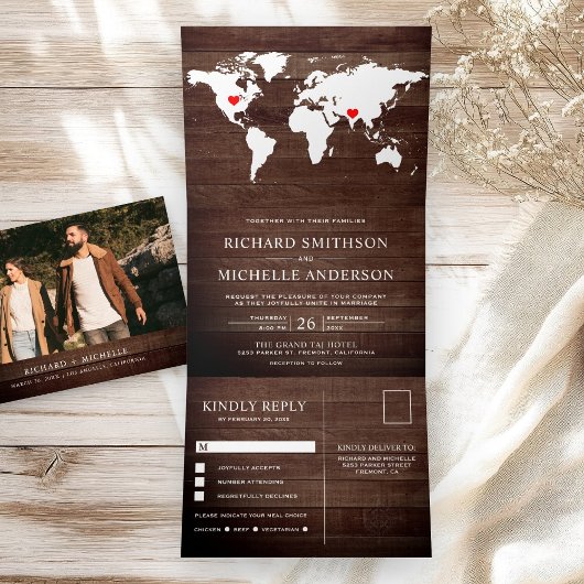 Invitation Trois Volets Rustic Wood World Map All in One Wedding