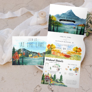 Invitation Trois Volets Rustique Autumn Mountain Lake   Mariage illustré