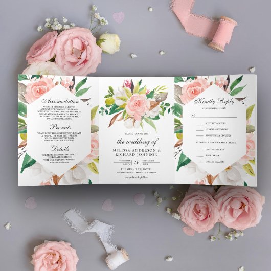 Invitation Trois Volets Rustique blanc Magnolia Blush rose Mariage Floral
