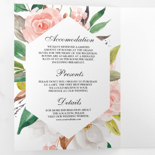 Invitation Trois Volets Rustique blanc Magnolia Blush rose Mariage Floral (Intérieur en premier)