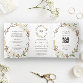 Invitation Trois Volets Rustique blanc Magnolia Floral QR Code Mariage
