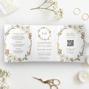 Invitation Trois Volets Rustique blanc Magnolia Floral QR Code Mariage