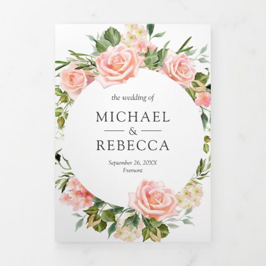 Invitation Trois Volets Rustique Blush rose Floral Mariage de code QR (Page de couverture)