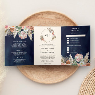 Invitation Trois Volets Rustique Bohème Floral Terrien Pampas Bleu Nuit Ma