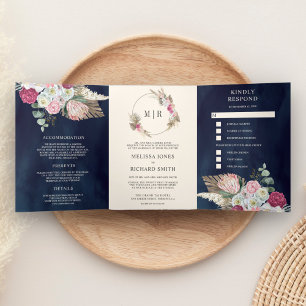 Invitation Trois Volets Rustique Bohème Rose Floral Pampas Bleu Nuit Maria