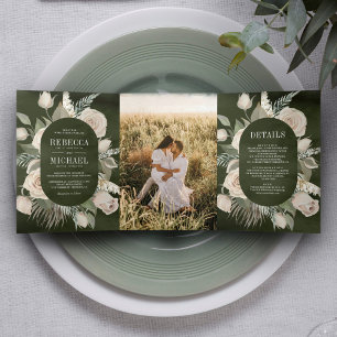 Invitation Trois Volets Rustique Bohème Roses Ivoire Vert Sauge Foncé Mari
