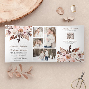 Invitation Trois Volets Rustique Boho Earthy Ivory Floral QR Code Mariage