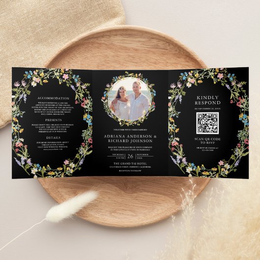 Invitation Trois Volets Rustique Boho Fleur sauvage Photo QR Code Mariage 