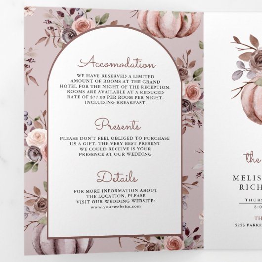 Invitation Trois Volets Rustique Boho Neutre Citrouille Floral QR Code Mar (Intérieur en premier)