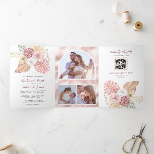 Invitation Trois Volets Rustique Boho Palm Dusty Rose Roses QR Code Mariag (Intérieur)