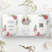 Invitation Trois Volets Rustique Boho rose Roses Floral QR Code Mariage