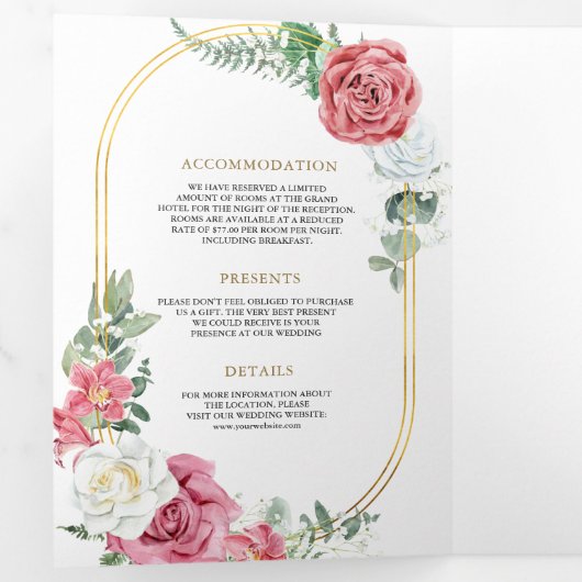 Invitation Trois Volets Rustique Boho rose Roses Floral QR Code Mariage (Intérieur en premier)