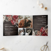 Invitation Trois Volets Rustique Bois Bourgogne Roses Rouges Mariage photo (Intérieur)