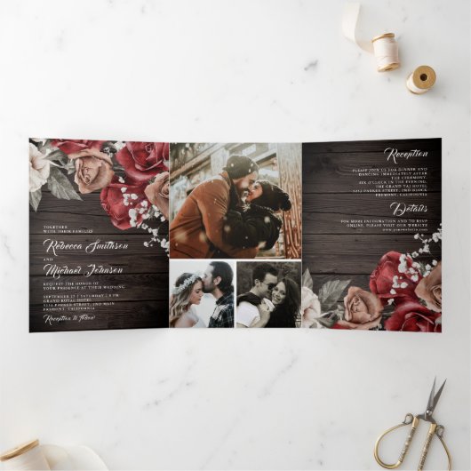 Invitation Trois Volets Rustique Bois Bourgogne Roses Rouges Mariage photo (Intérieur)