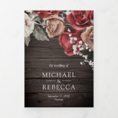 Invitation Trois Volets Rustique Bois Bourgogne Roses Rouges Mariage photo (Page de couverture)