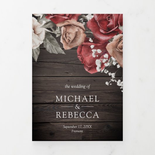 Invitation Trois Volets Rustique Bois Bourgogne Roses Rouges Mariage photo (Page de couverture)
