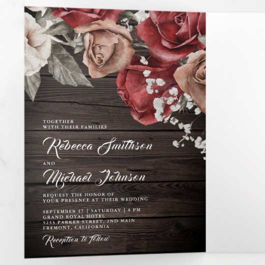 Invitation Trois Volets Rustique Bois Bourgogne Roses Rouges Mariage photo (Intérieur en premier)