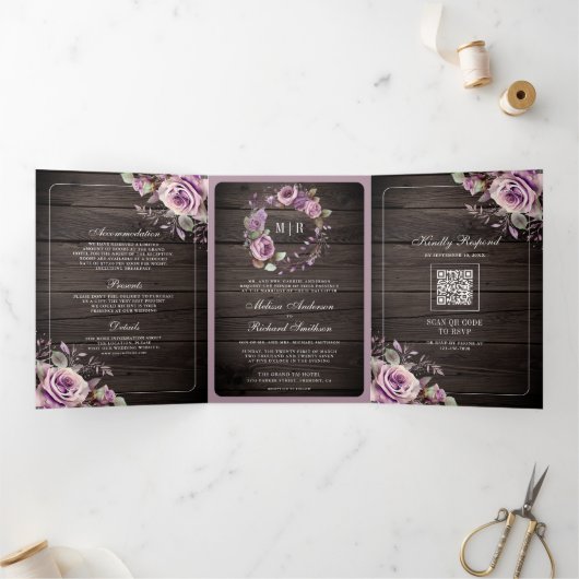 Invitation Trois Volets Rustique Bois Dusty Violet Floral QR Code Mariage (Intérieur)
