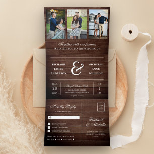 Invitation Trois Volets Rustique Bois Minimal 3 en 1 Mariage Collage Photo