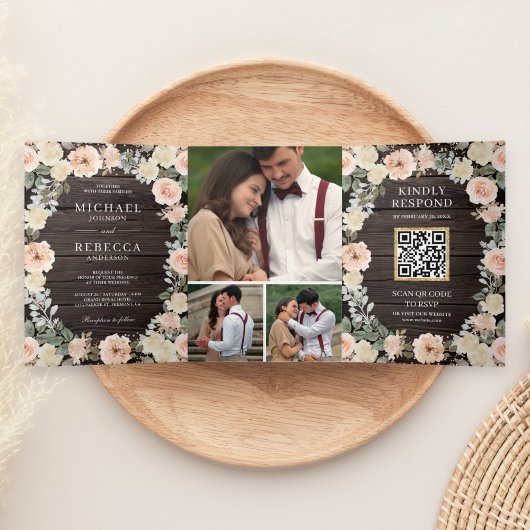 Invitation Trois Volets Rustique Bois Pêche Florale Code QR Mariage