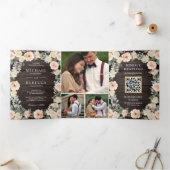 Invitation Trois Volets Rustique Bois Pêche Florale Code QR Mariage (Intérieur)