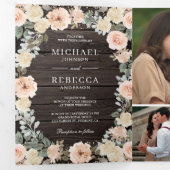 Invitation Trois Volets Rustique Bois Pêche Florale Code QR Mariage (Intérieur en premier)