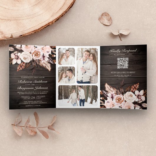 Invitation Trois Volets Rustique Bois Terre ivoire Floral QR Code Mariage