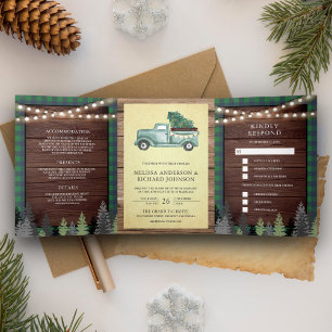 Invitation Trois Volets Rustique Bois Vert Noël Camion Mariage