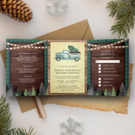 Invitation Trois Volets Rustique Bois Vert Noël Camion Mariage