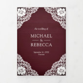 Invitation Trois Volets Rustique Bourgogne dentelle en bois Mariage (Page de couverture)