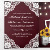 Invitation Trois Volets Rustique Bourgogne dentelle en bois Mariage (Intérieur en premier)