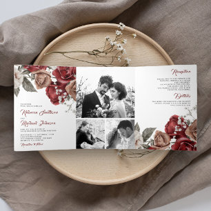 Invitation Trois Volets Rustique Bourgogne Rouge Roses Photo Collage Maria