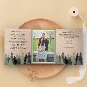 Invitation Trois Volets Rustique Burlap Pine Trees Photo Mariage de forêt