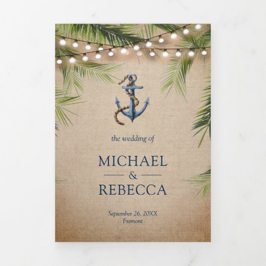 Invitation Trois Volets Rustique Burlap Tropical Palm Ancre QR Code Mariag (Page de couverture)